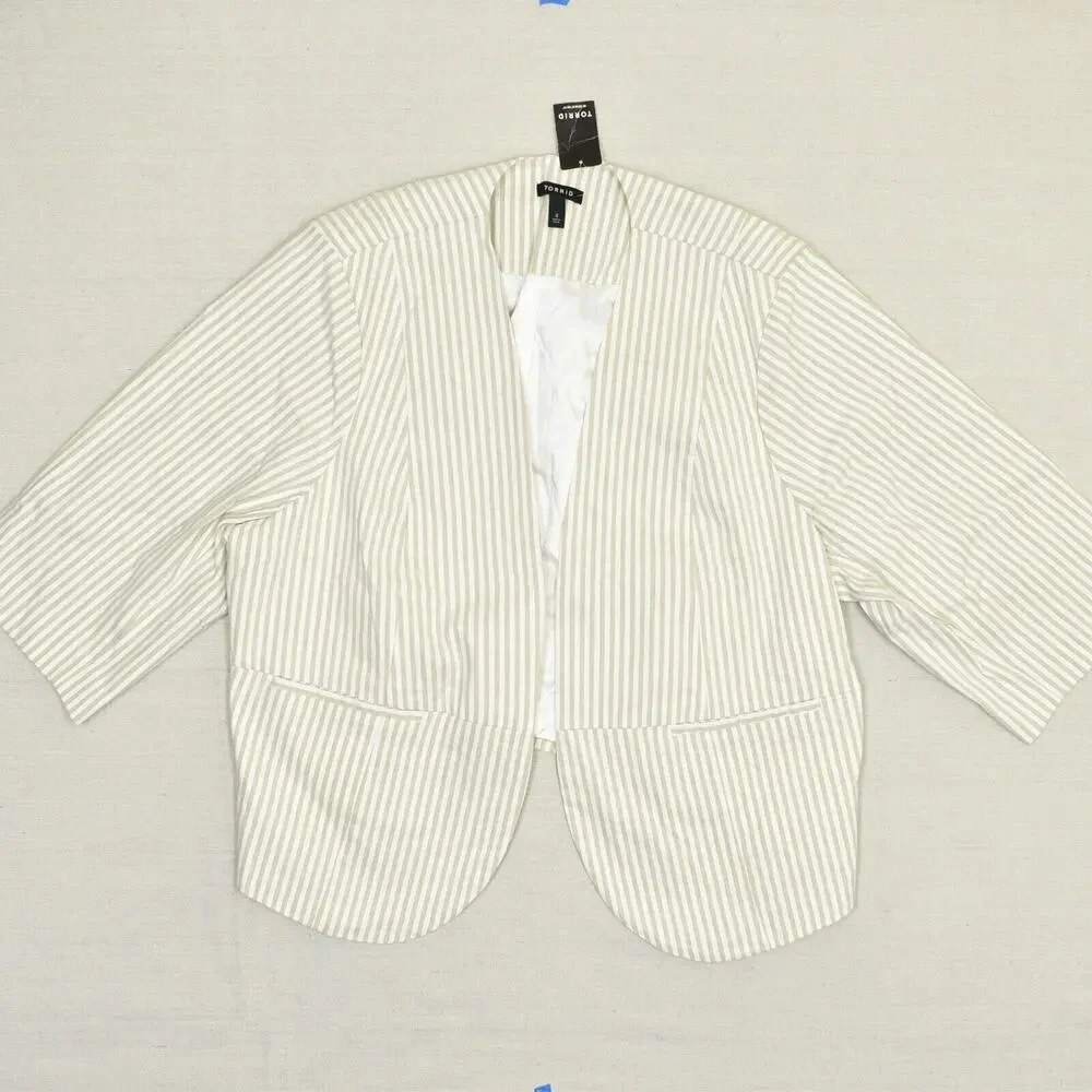 NEW Torrid Women Open Blazer Jacket 3/4 Sleeve Striped Rayon Beige Plus Size 4
